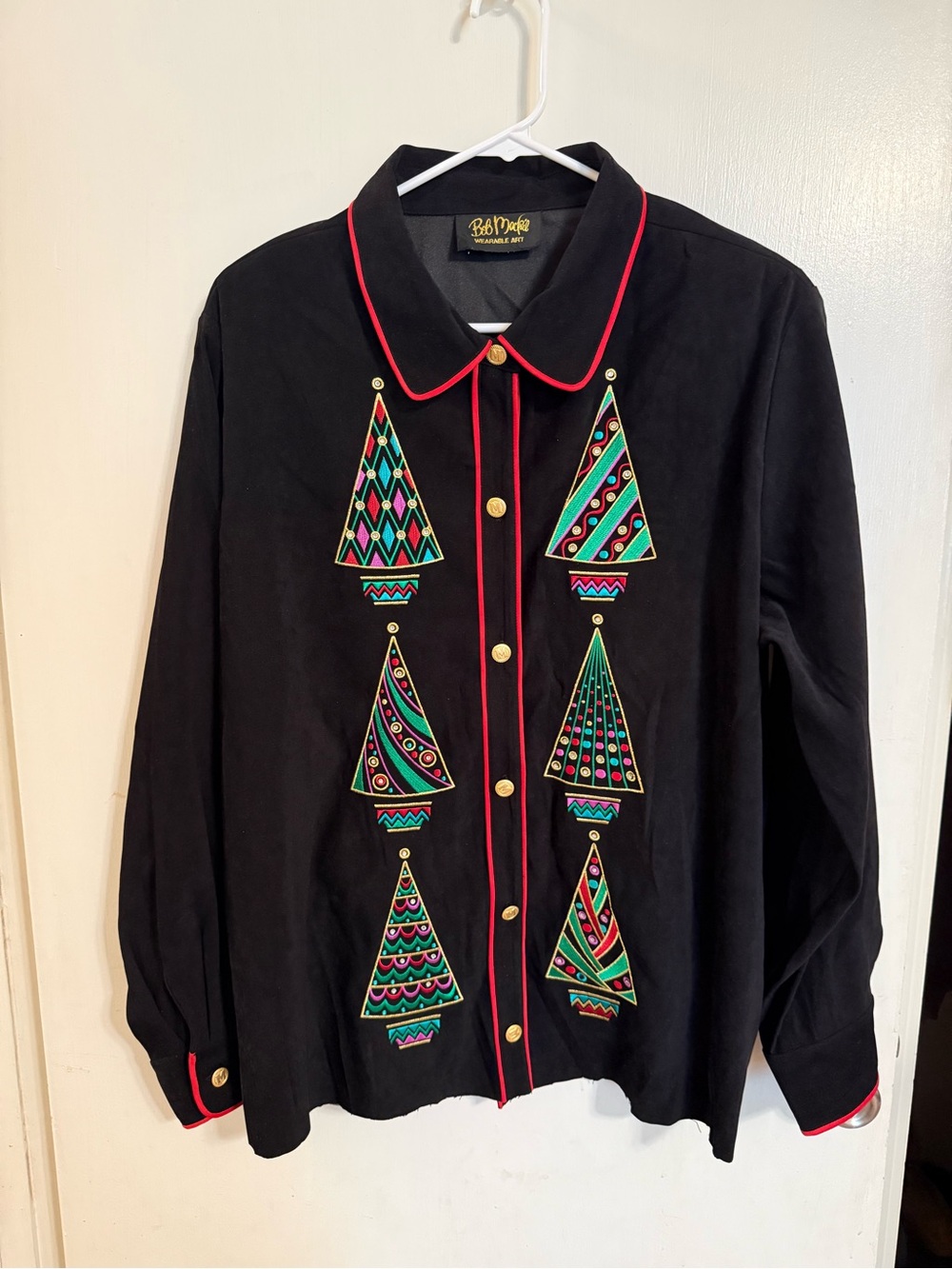 Bob Mackie Black Button-Up Jacket with Green and Pink Embroidered ChristmasTrees